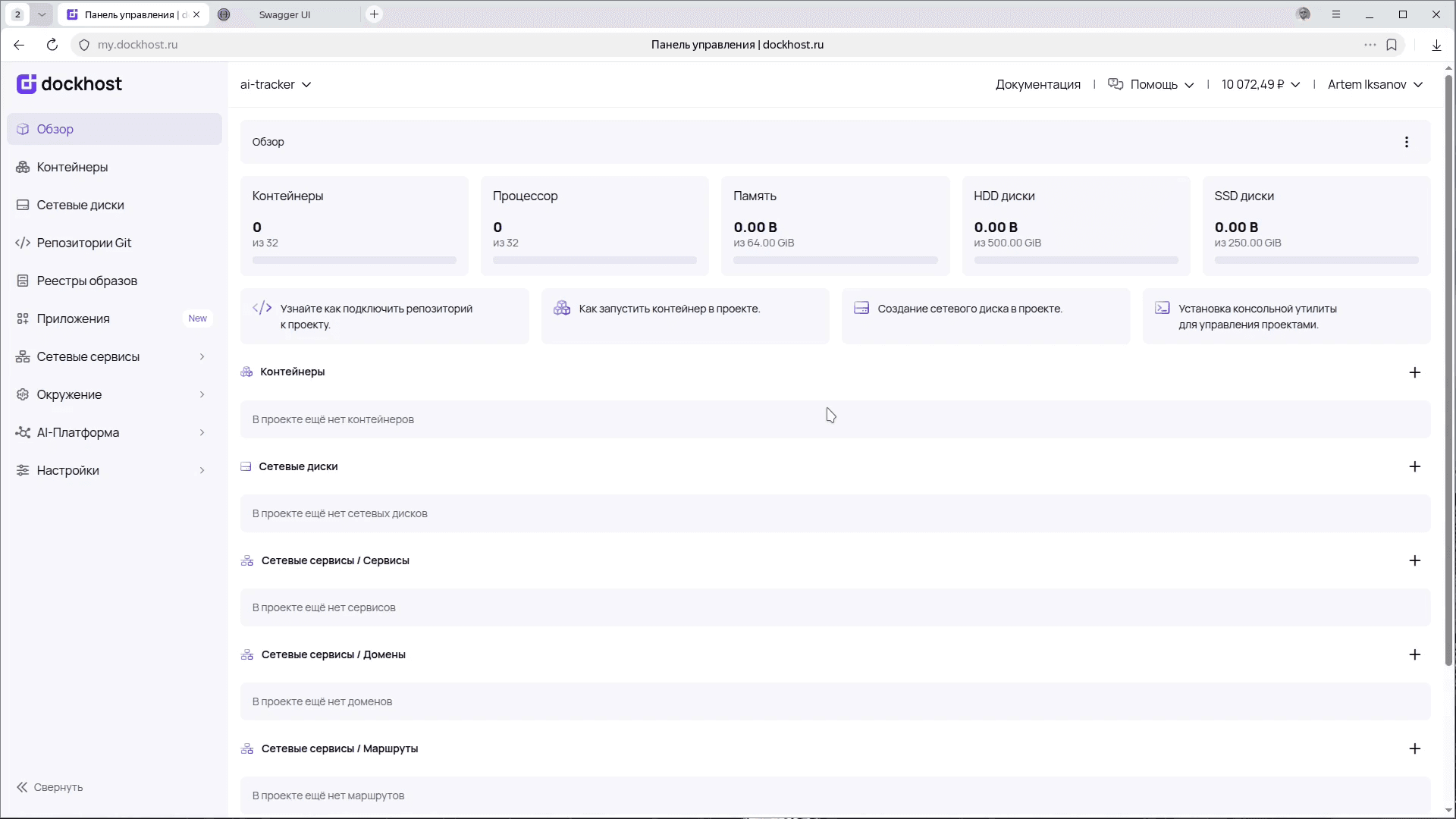 Панель Dockhost, страница обзора нового проекта